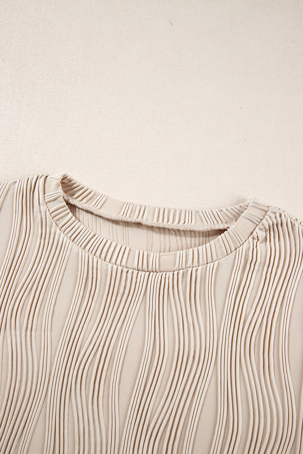 White Textured Wavy Round Neck Long Sleeve Top