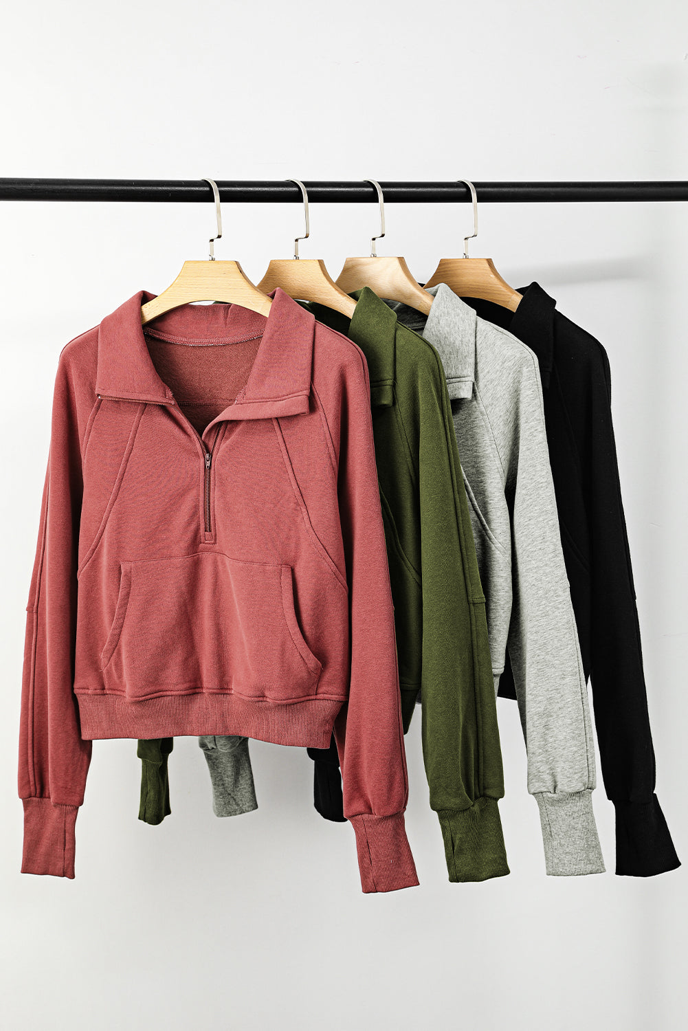 Bonbon Fleece Lined Zip Up Stand Collar Thumbhole Sleeve Sweatshirt
