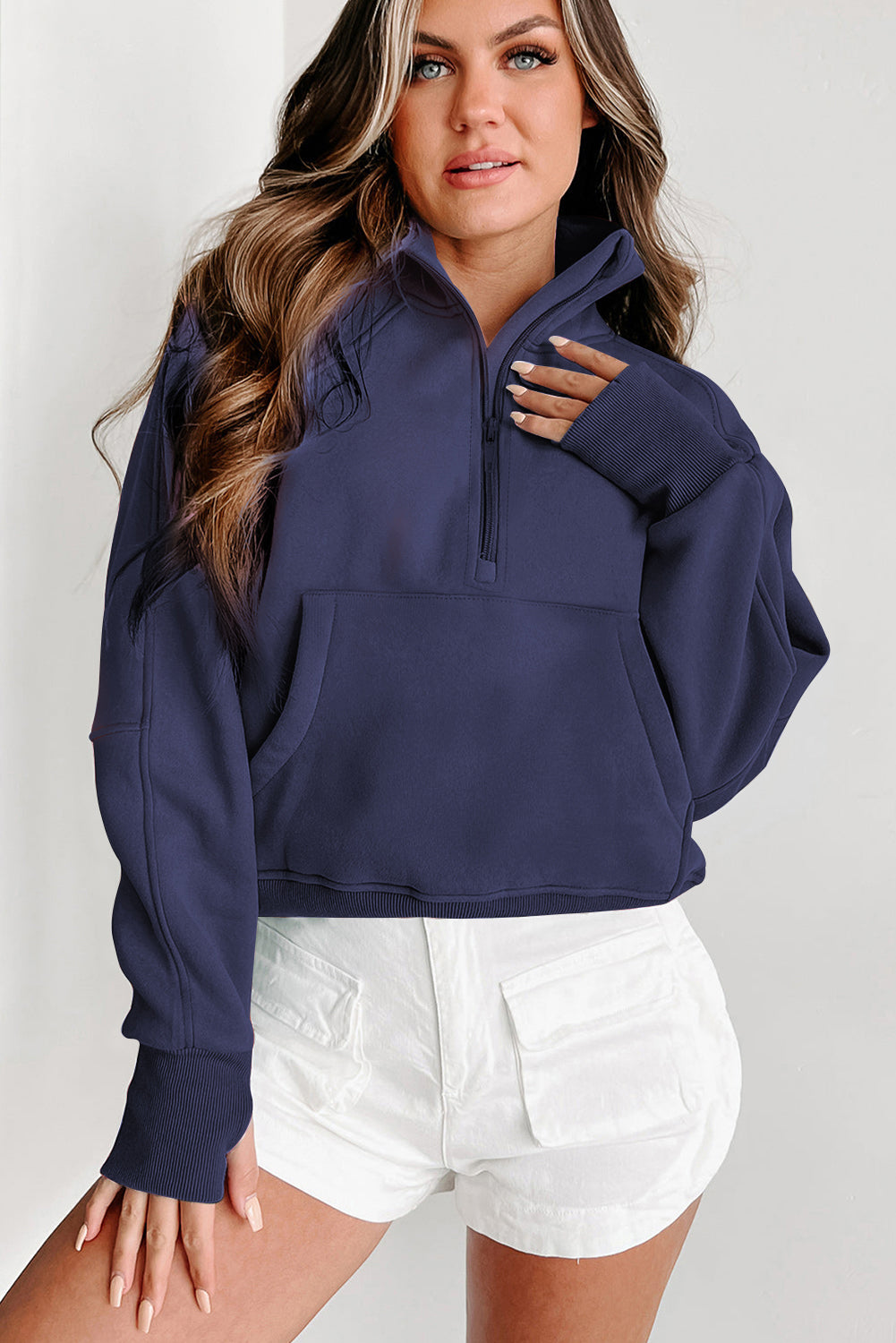 Bonbon Fleece Lined Zip Up Stand Collar Thumbhole Sleeve Sweatshirt