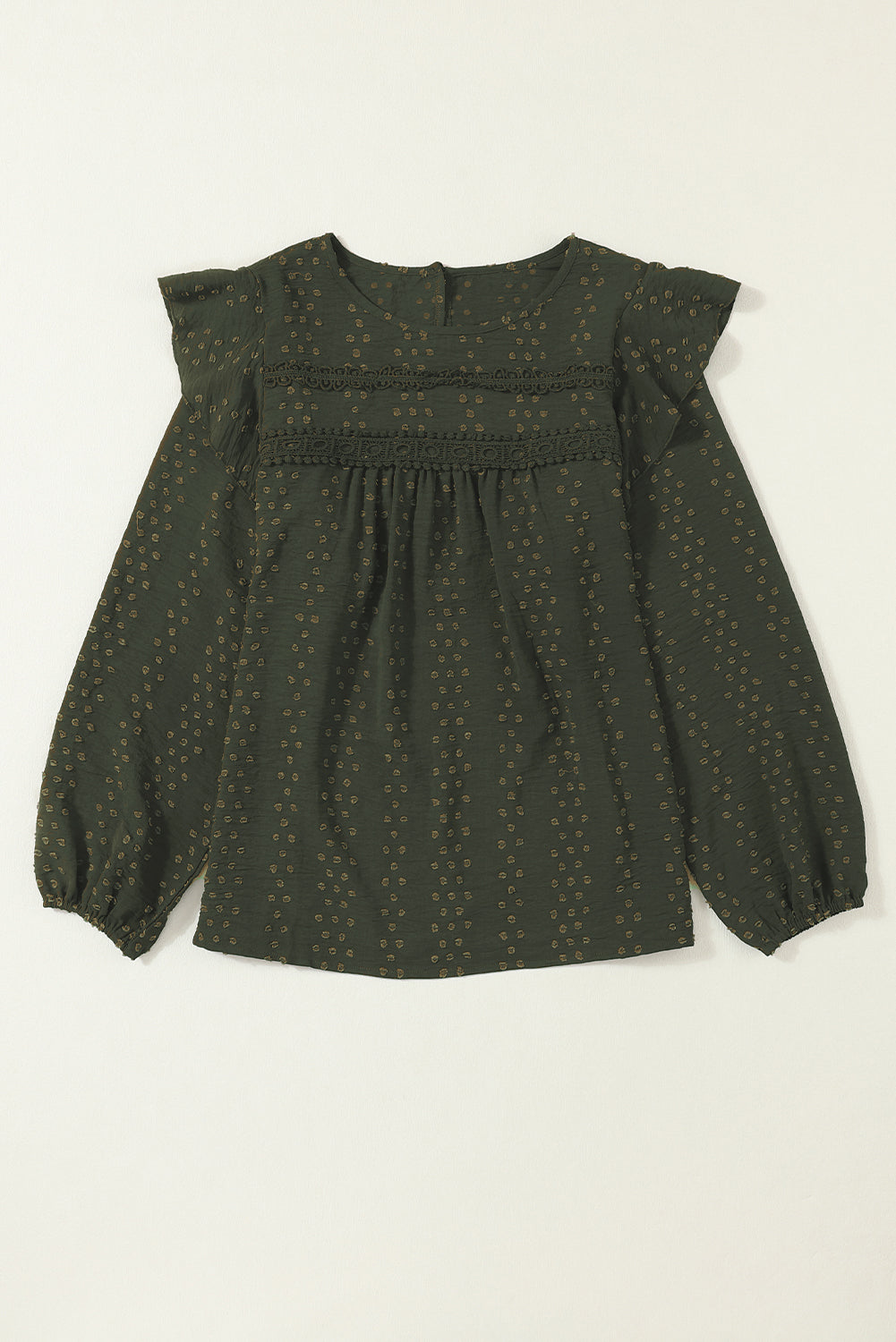 Black Lace Eyelet Ruffle Shoulder Long Sleeve Blouse