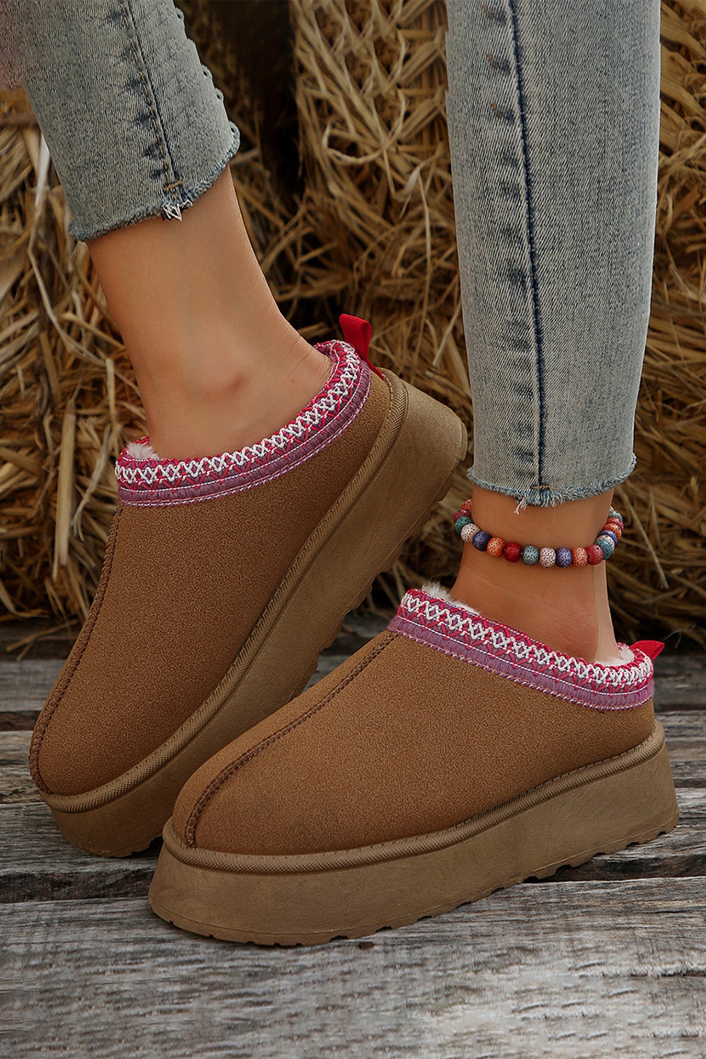 Black Contrast Print Suede Plush Lined Snow Boots