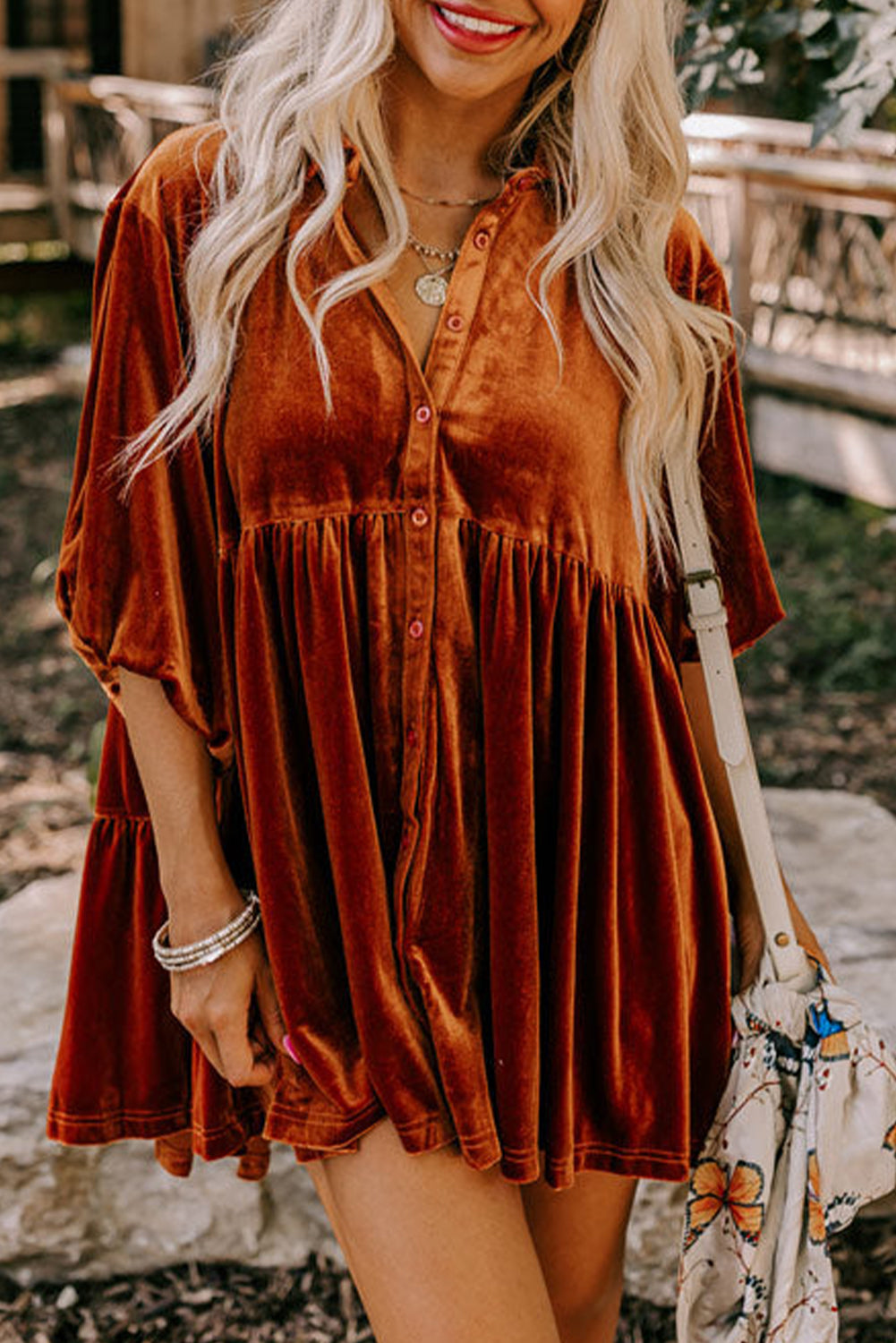 Dark Grey 3/4 Sleeve Tunic Babydoll Velvet Shirt