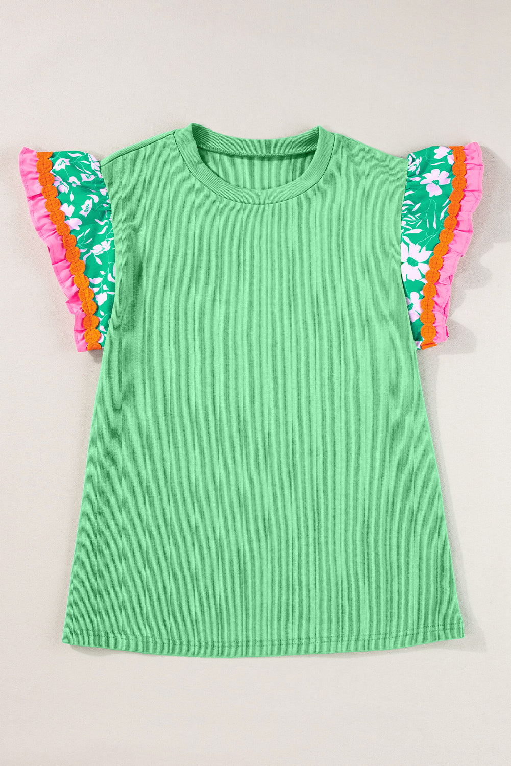Peach Blossom Contrast Ricrac Floral Sleeve Top
