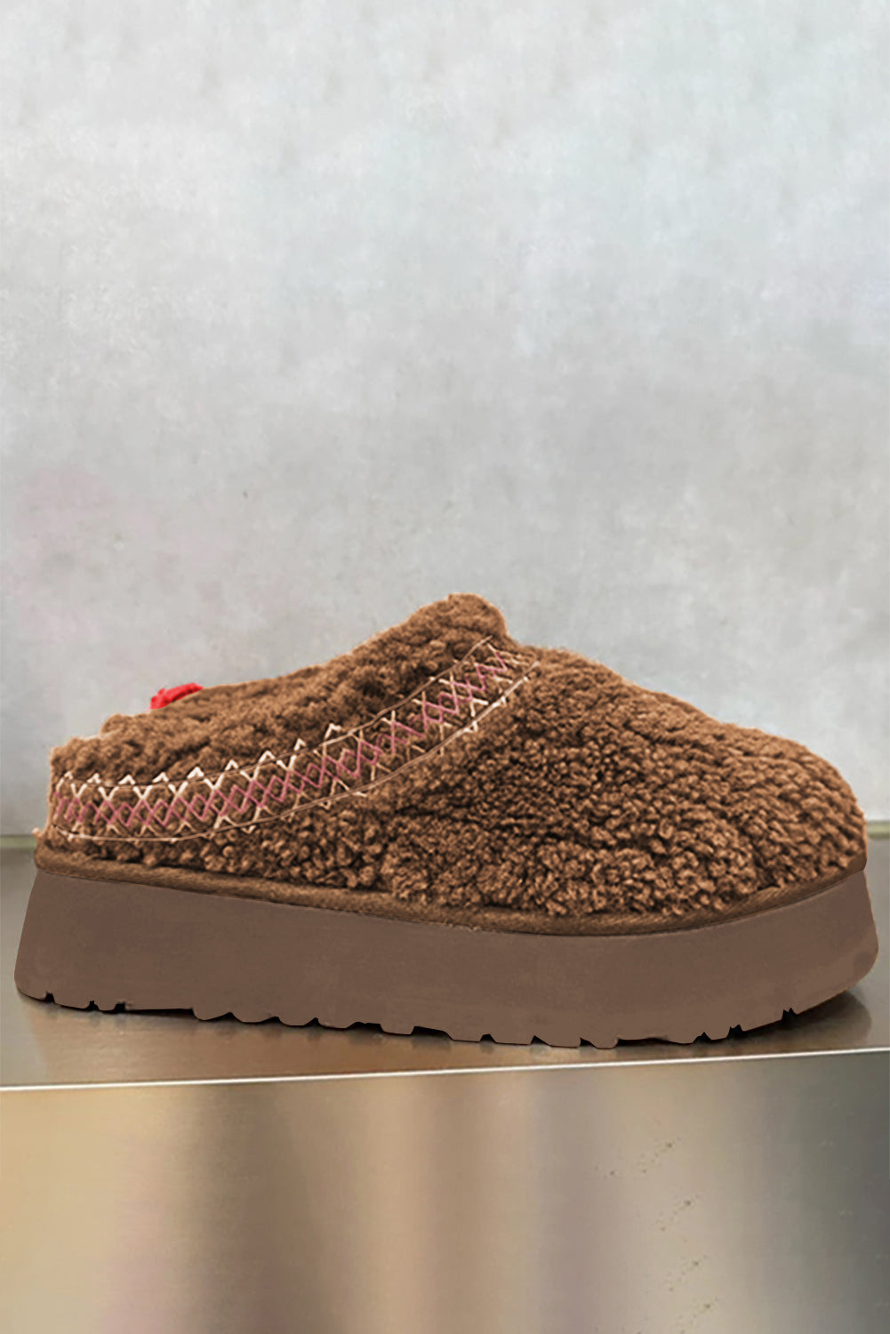 White Embroidered Sherpa Plush Thick Sole Winter Slippers