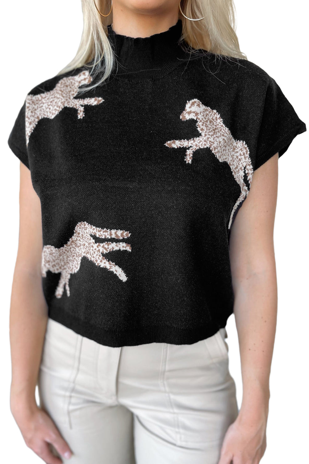 Apricot Lively Cheetah Pattern High Neck Short Sleeve Sweater