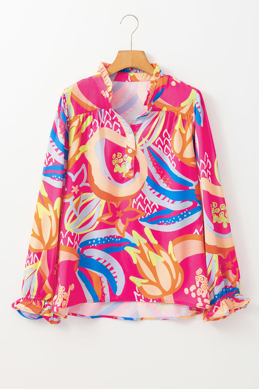 Green Abstract Print Ruffled Sleeve Buttoned V Neck Blouse