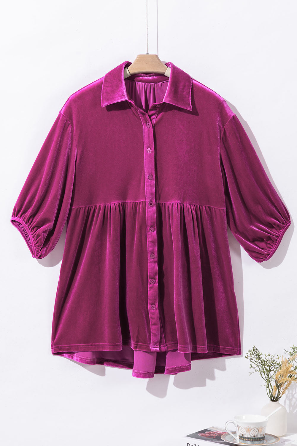 Dark Grey 3/4 Sleeve Tunic Babydoll Velvet Shirt
