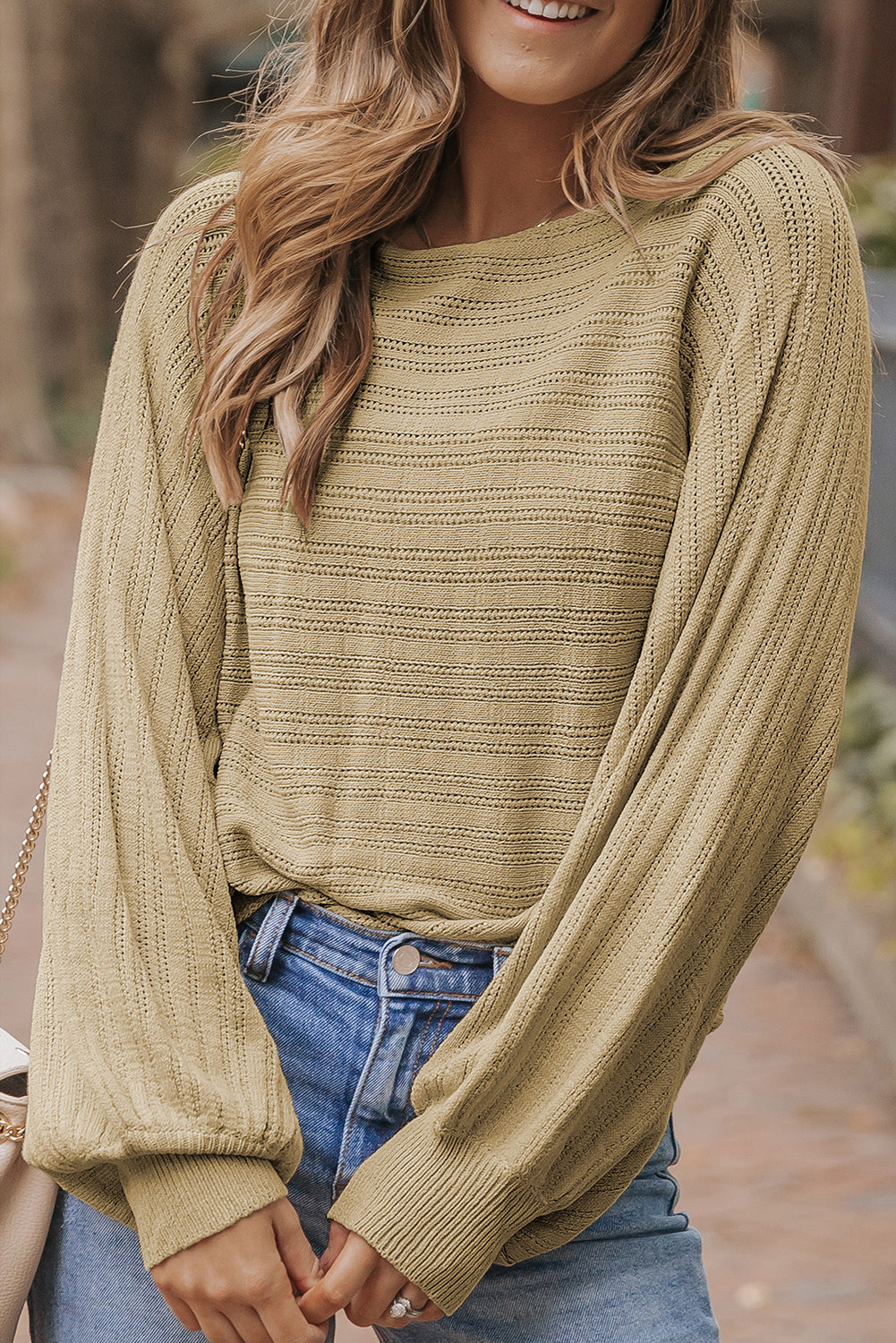 Jungle Green Lantern Sleeve Eyelets Textured Knit Sweater