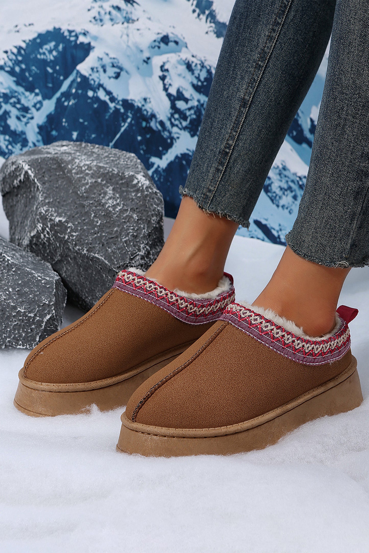 Black Contrast Print Suede Plush Lined Snow Boots