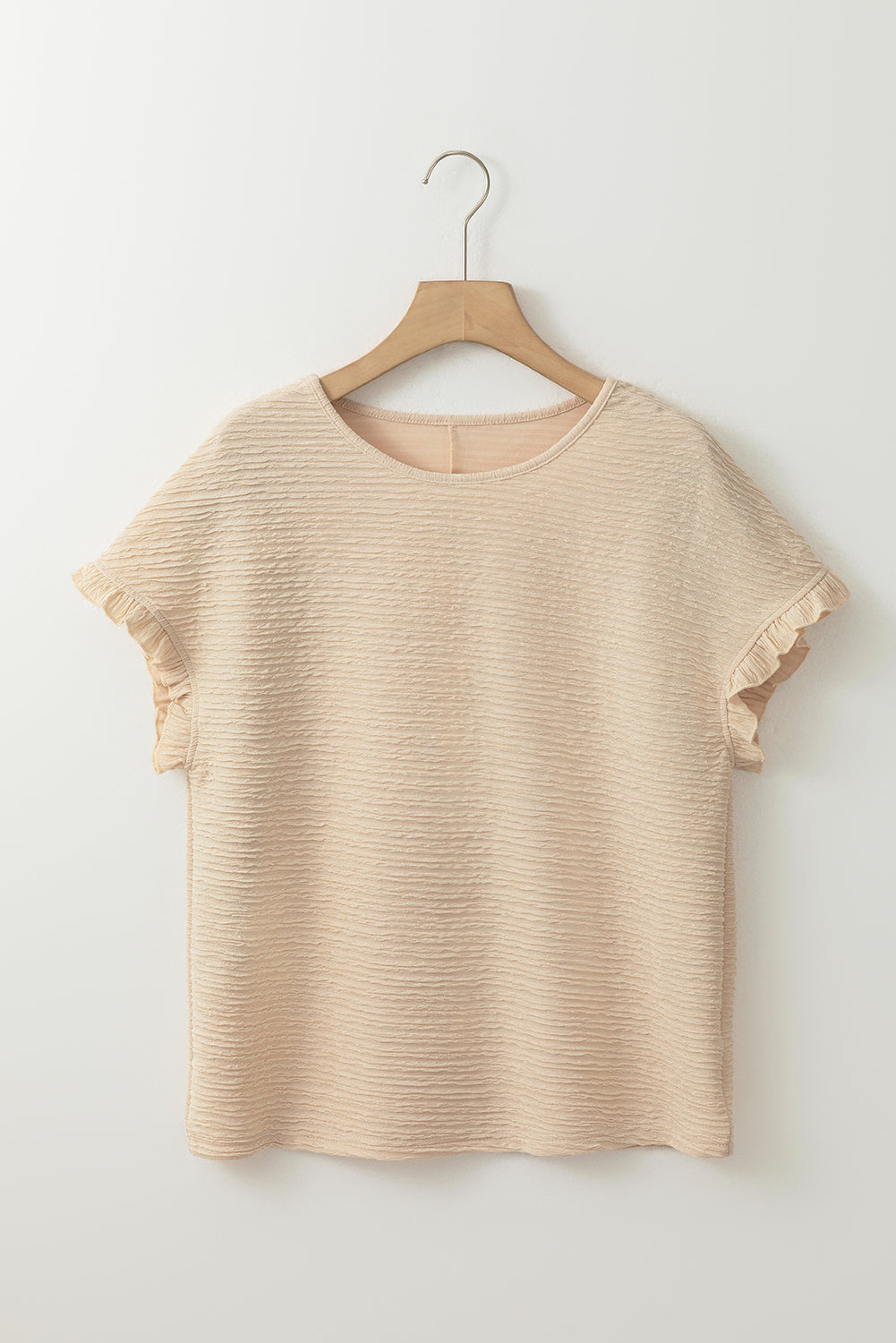 Light Pink Solid Textured Ruffled Short Sleeve Blouse