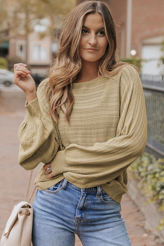 Jungle Green Lantern Sleeve Eyelets Textured Knit Sweater